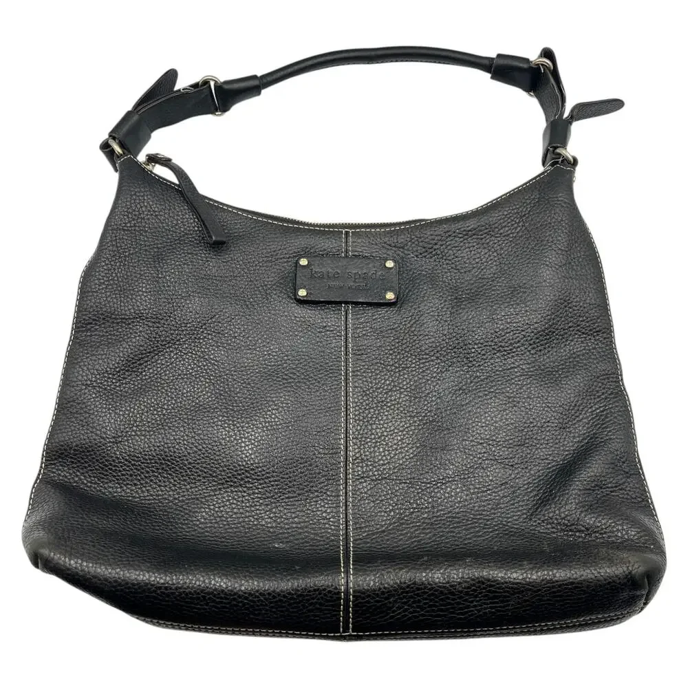 Kate Spade Shoulder Hobo Bag Pebbled Leather Polka Dot Lining Black